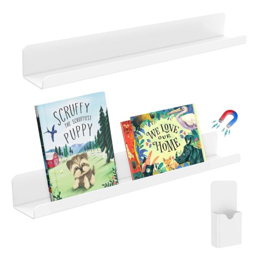 MUCXNIIY 2 Pcs Magnetic Book Shelf for Whiteboard, Reusable Acrylic Magnetic Book Holder with a Pen Container, Book Display Shelf for Teacher Kids Classroom Office, White