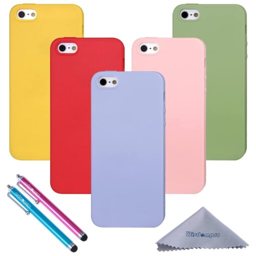 Wisdompro Case for iPhone 5, Bundle of 5 Pack Extra Thin Slim Flit Soft TPU Gel Protective Case Cover for iPhone SE 2016, for iPhone 5s, for iPhone 5 (Yellow, Green, Red, Pink, Light Blue) 5-Color Candy