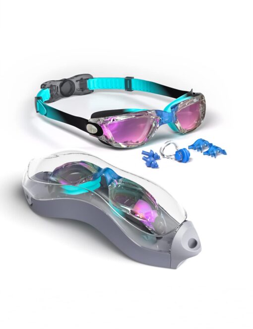 Hurdilen Kids Swim Goggles, Swimming Goggles for Kids with Nose Clip, Earplugs Black & Blue