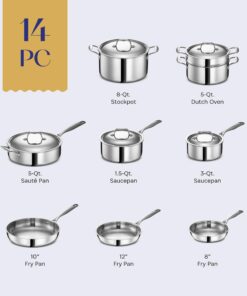 Legend 5 Ply 14 pc All Stainless Steel Heavy Pots & Pans Set | Professional Quality Cookware 5ply Clad Home Cooking & Commercial Kitchen Surface Induction Oven Safe | Non-Teflon PFOA, PTFE & PFOS Free Stainless Steel 5-Ply 38 61PwFF5 pIL