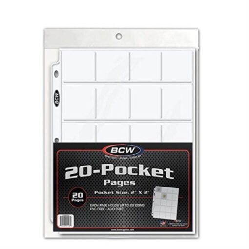 BCW Pro 20-Pocket Pages, Pocket Size: 2" x2", 20 Pages - Coin Collecting Supplies 1 Pack