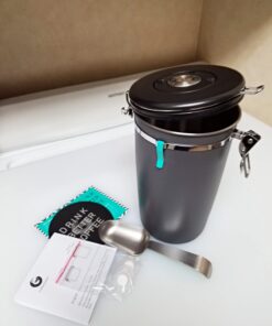 Coffee Gator Stainless Steel Canister - Large 22oz, Silver Coffee Grounds and Beans Container with Date-Tracker, CO2-Release Valve, and Measuring Scoop - Ideal Coffee Lovers Gifts for Her Gray with Green 35 61QH9J61saL