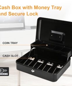 Jssmst Large Locking Cash Box with Money Tray, Lock Box with Security Cable Metal Money Box with Key Lock, Black, CB02304XL Black Key Lock 30 61QUO8KzO7L