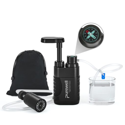 Purewell Water Purifier Pump with Replaceable Carbon 0.01 Micron Water Filter, 4 Filter Stages, Portable Outdoor Emergency and Survival Gear - Camping, Hiking, Backpacking Black