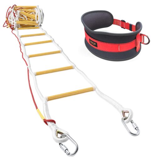 ISOP Emergency Fire Escape Rope Ladder 4 Story Homes 32 ft Innovative Solution - Unique Safety Ladder with Carabiners & Safety Cord & Safety Belt - Fast Deploy & Simple to Use - Compact & Reusable 32 ft with Safety Belt