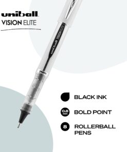 Uniball Vision Elite Rollerball Pens, Black Pens Pack of 8, Bold Pens with 0.8mm Ink, Ink Black Pen, Pens Fine Point Smooth Writing Pens, Bulk Pens, and Office Supplies 8 61R1GDz08UL