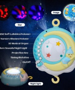 Baby Musical Crib Mobile with Timing Function Projector Lights,Stand-Along Rattles and 150 Melodies Music Box with Remote Control for Newborn 0-24 Months Blue 29 61RHfvJzQaL