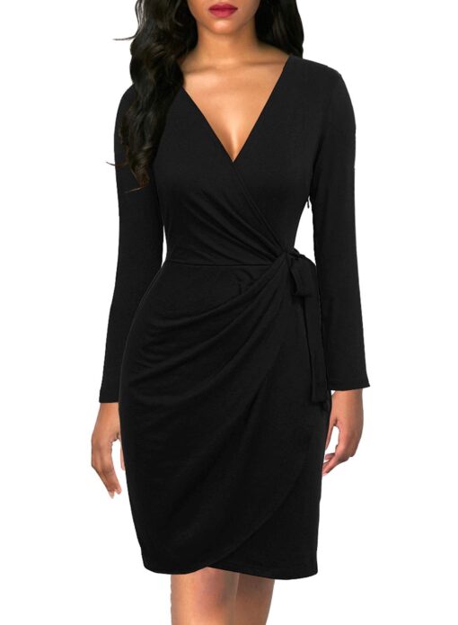 Berydress Women's Black Wrap Dress Sexy Deep V Neck Long Sleeve Knee-Length Cocktail Party Dresses Large