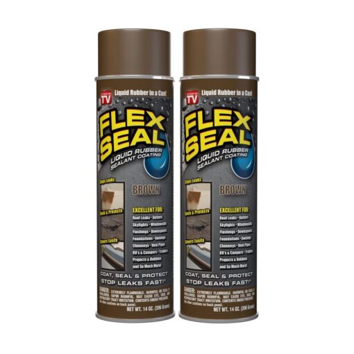 Flex Seal, 14 oz, 2-Pack, Brown, Stop Leaks Instantly, Waterproof Rubber Spray On Sealant Coating, Perfect for Gutters, Wood, RV, Campers, Roof Repair, Skylights, Windows, and More FSBRNR20-2PK