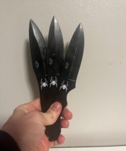 BladesUSA Perfect Point Throwing Knives – Set of 3 – Black Stainless Steel Blades and Handles w/ Spider Design, Nylon Sheath, Full Tang Construction, Well Balanced, Throwing Sport Knives – RC-1793B 39 61S6dBQ2CKL