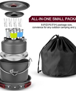 Odoland 22pcs Camping Cookware Mess Kit, Large Size Hanging Pot Pan Kettle with Base Cook Set for 4, Cups Dishes Forks Spoons Kit for Outdoor Camping Hiking Picnic 30 61SPbd7cHDL