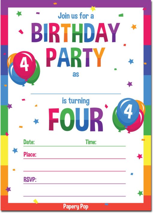 Papery Pop 4th Birthday Party Invitations with Envelopes (15 Count) - 4 Year Old Kids Birthday Invitations for Boys or Girls - Rainbow