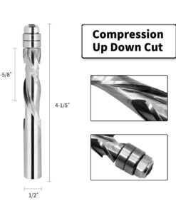 Alternative view of UP/Down Cut Spiral Flush Trim Router Bit,1/2 Shank Extra Long 4 Inch Solid Carbide Spiral Compression Flush Cut Router Bit with Bottom Bearing 1-1/2 Inch Cutting Length Bits for Wood Trimming 1/2 Shank