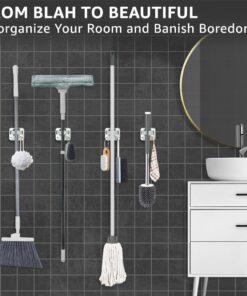 New Version 4pcs Self Adhesive Broom Holder with Gripper and 2 Hooks, Damage Free Broom Mop Holder, No Drill Anti-Slip Wall Mount Broom Gripper Organizer for Bathroom Kitchen Garden Garage 20 61SoDdzKaLL