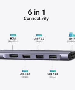 UGREEN Revodok 106 USB C Hub 6 in 1 USB C Dongle 4K HDMI, 3 USB 3.0 Ports, SD/TF Card Reader Compatible with MacBook Pro, MacBook Air, iPad, iPhone 15 Pro/Pro Max. Grey Space Grey 24 61Swif7xsvL