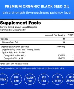 Organic Black Seed Oil Capsules | 120 Vegan Softgel Black Cumin Seed Oil Capsules | 1400mg Per Serving Virgin Cold Pressed Nigella Sativa Oil Pills with Thymoquinone & Vitamin E, Rich in Omega 3 6 9 16 61T vH0CVL