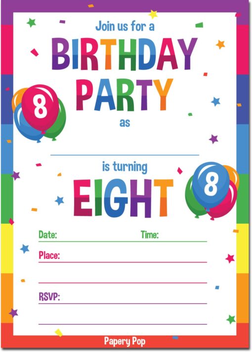 Papery Pop 8th Birthday Party Invitations with Envelopes (15 Count) - 8 Year Old Kids Birthday Invitations for Boys or Girls - Rainbow