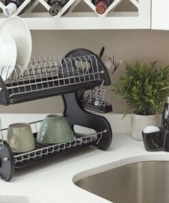 Home Basics Plastic 2-Tier Dish Drainer Rack, Air Drying and Organizing Dishes, Side Mounted Cutlery Holder, Black 16 61T3pQopXcL