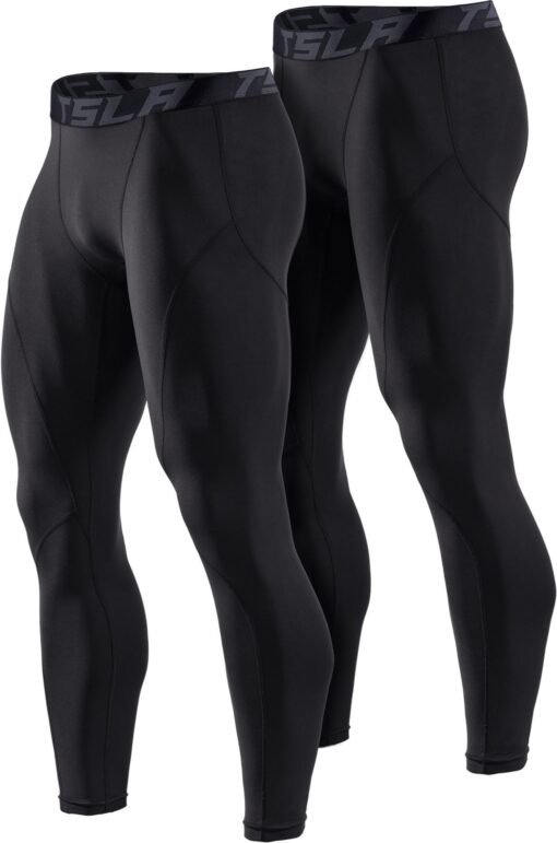 TSLA 1 or 2 Pack Men's Thermal Compression Pants, Athletic Sports Leggings & Running Tights, Wintergear Base Layer Bottoms X-Small 2pack Dim Tights Black/Black