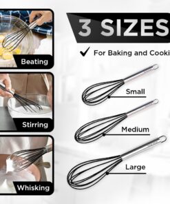 Silicone Whisk Set of 3 - Silicone Whisks for Cooking Non-Scratch - Silicone Whisk Set - Hand Whisk - Wisk - Metal Whisk - Small Whisk - Mini Whisk - Stainless Steel Whisk Black 10 61TGJ2fk L