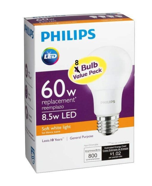 Philips 455576 60W Equivalent 2700K A19 LED Light Bulb, Soft White (2-Pack) Non-Dimmable 8 Count (Pack of 1)