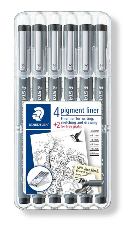 STAEDTLER Pigment Liner Bonus Sketch Set of 6 Liners for the Regular Price of 4(2 free), 308 SB6P Mixed set Black 6 Count (Pack of 1)