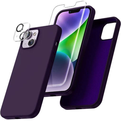 Uyiton [5 in 1 for iPhone 14 Plus Case, with 2 Pack Screen Protector + 2 Pack Camera Lens Protector, Liquid Silicone [Full Body] Protection Shockproof [Drop Protection] 6.7 Inch, Dark Purple 14P-Dark Purple