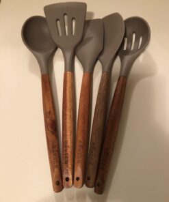 Miusco Non-Stick Silicone Kitchen Utensils Set with Natural Acacia Hard Wood Handle, 5 Pieces, Grey, BPA Free, Baking, Serving and Cooking Utensils Gray 37 61USm2uMGL