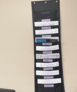 Black Pocket Chart for Classroom - 10 Pocket Storage Rainbow Pocket Charts , 3 Over Door Hangers Included, Hanging Wall File Organizer for File Folders, School Mailbox, Home/Office Papers Black - (10 Name Tag Pockets) 25 61UVxDCVmeL