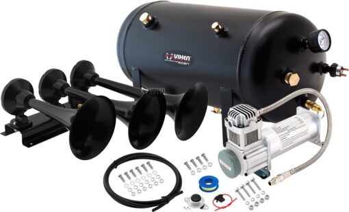 Vixen Horns Train Horn Kit for Trucks/Car/Semi. Complete Onboard System- 200psi Air Compressor, 5 Gallon Tank, 3 Trumpets. Super Loud dB. Fits Vehicles like Pickup/Jeep/RV/SUV 12v VXO8350/3418B 200PSI + 5GAL + 3TPS HD In-Line Black