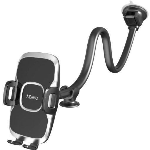 1Zero Solid Car Truck Phone Mount Holder with 14-Inch Gooseneck Long Arm, Windshield Window Mobile Holders w/Industrial-Strength Suction Cup, Anti-Shake Stabilizer Compatible All Cell Phones iPhone Black Mirror Surface with Silver Ring