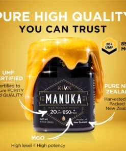 Kiva Raw Manuka Honey, Certified UMF 20+ | MGO 850+ | 100% Pure Genuine New Zealand (8.8oz/250g Bottle) | Non-GMO | No Antibiotics | Traceable | UMF & MGO Certified 8.8 Ounce (Pack of 1) 38 61V1na4e8oL 1