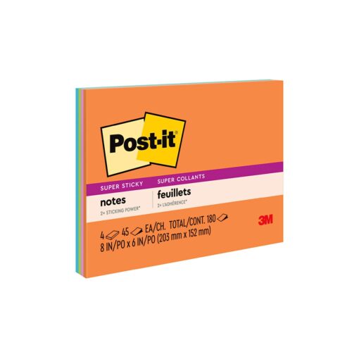 Post-it Super Sticky Notes, 8x6 inches, 4 Pads, (Orange, Pink, Blue, Green), Recyclable (6845-SSP) Energy Boost