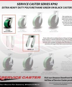 Extra Heavy Duty Kingpinless 6” x 3” Green Polyurethane Tread on Metal Core Caster Set - 2 Swivel with Brakes/2 Swivel - 8,000 lbs. Total Capacity - Service Caster Brand - Set of 4 6" Wheel 4 Swivel w/2 Side Lock Brakes 9 61VHD a7sfL