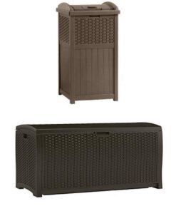 Suncast GHW1732 Resin Wicker Trash Hideaway and Resin Deck Box Bundle
