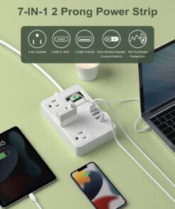 2 Prong Extension Cord with USB-C, ROOTOMA 2 Prong to 3 Prong Outlet Adapter, 3 Outlet & 4 USB Charging Station, 3 Prong Adapter 4ft, Non-Grounded, for Polarized Two Prong Outlet, Old House, White 4ft-2pin 25 61VTQp8LyML