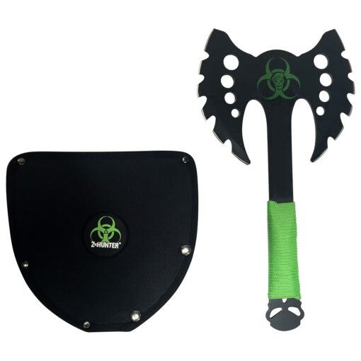 Z Hunter - Fantasy Axe - Black Stainless Steel Double Headed Axe w/Bio Hazard Graphic, Black Stainless Steel Handle with Green Cord Wrap, Full Tang, Well Balanced, Zombie Slayer - ZB-AXE12