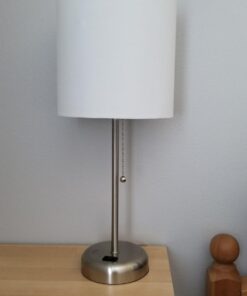 LimeLights LT2024-WHT Brushed Steel Stick Table Desk Lamp with Charging Outlet and Drum Fabric Shade, White 1 41 61VaLzOFRVL