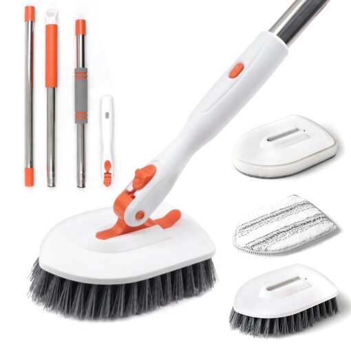 Tub Tile Scrubber Brush, 3 in 1 Shower Cleaning Brush with 53" Adjustable Long Handle, Floor Scrub Brush with Locking Head 3 Replacement Head for Cleaning Bathtub Bathroom Kitchen Toilet Wall Orange