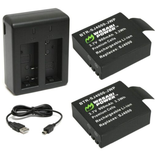 Wasabi Power Battery (2-Pack) and Dual Charger for 1080P and 4K Action Cameras (Compatible with AKASO, Aokon, Campark, DMYCO, HEIHEI, SOOCOO, Vemico, SJCAM M10, SJ4000, SJ5000 and more)