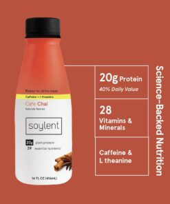 Soylent Cafe Chai Meal Replacement Shake, Ready-to-Drink Plant Based Protein Drink, Contains 20g Complete Vegan Protein and 1g Sugar, 14oz, 12 Pack 14 Fl Oz (Pack of 12) 12 61VmPK3mvfL