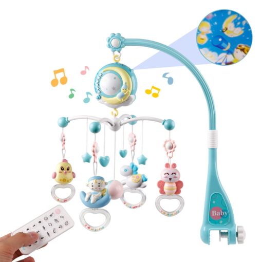 Mini Tudou Baby Musical Mobile Crib with Music and Lights, Timing Function, Projection, Take-Along Rattle and Music Box for Babies Boy Girl Toddler Sleep Blue