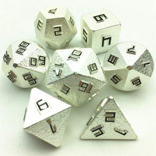 Momostar RPG Solid Metal Polyhedral Dice for Dungeons and Dragons, Pathfinder and Other Games. 7 Pcs Black Numbers Protrude from Silver