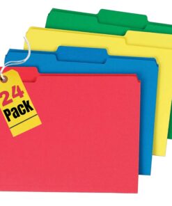 1InTheOffice File Folders, Colored File Folders, File Folders 1/3 Cut Tab Letter Size, Top-Tab/3 Tab,/5 Assorted Colors, 24/Pack