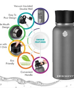 Swig Savvy Sports Water Bottle, Vacuum Insulated Stainless steel, Double Wall, Wide Mouth 2 Leakproof Lid, Travel Thermos - 30oz Black 14 61W93QUeslL