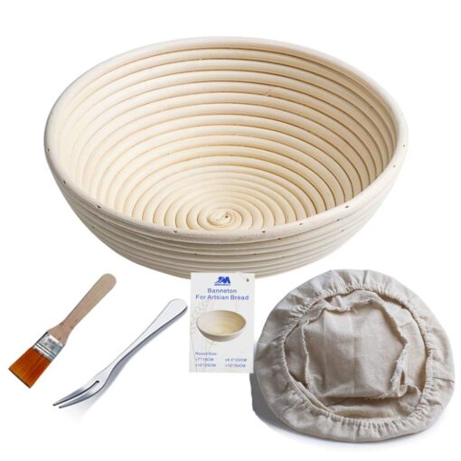 M JINGMEI Banneton Proofing Basket 10" Round Banneton Brotform for Bread and Dough [FREE BRUSH] Proofing Rising Rattan Bowl + FREE LINER (1000g dough) 10Inch Fork