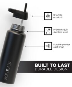 IRON °FLASK Sports Water Bottle - 40 Oz 3 Lids (Straw Lid), Leak Proof - Stainless Steel Gym & Sport Bottles for Men, Women & Kids - Double Walled, Insulated Thermos, Metal Canteen Midnight Black 24 61WwFUfXdEL
