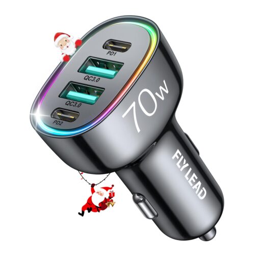 Fast Car Charger FLYLEAD 70W 4 Ports Car Charger【A Must for Family Travel】 Super Fast USB C Car Charger Adapter Black