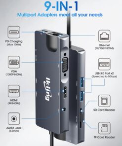 ikling USB C Hub, 9-in-1 USB C Adapter with 4K USB C to HDMI, VGA, Gigabit Ethernet, 100W PD, 2 USB-A 5 Gbps, MicroSD/SD Card Reader, USB C Dock for Most Type-C Devices 9 IN 1 HUB 37 61XOkjzvXIL