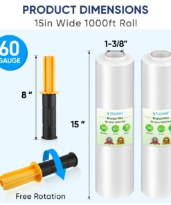 TICONN Stretch Wrap Stretch Film Roll, 1000ft 60 Gauge Industrial Strength 15 inch Wide Clear Plastic Wrap with Handles for Pallet Wrapping Shipping Moving(1pk) 1 10 61XPANooDNL
